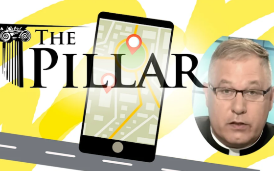 The Pillar published an investigation of Msgr. Jeffrey Burrill, largely based on his phone’s location data. (RNS illustration/Kit Doyle)