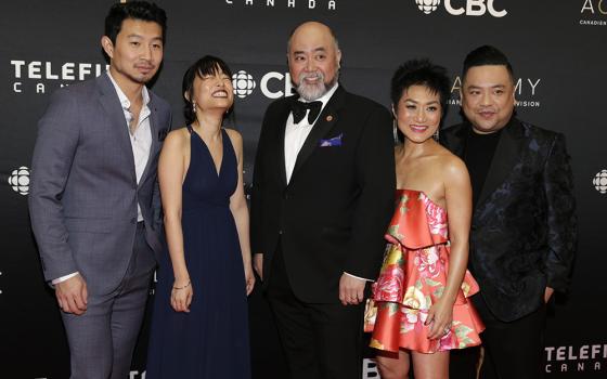 From left: Simu Liu ("Jung"), Andrea Bang ("Janet"), Paul Sun-Hyung Lee ("Appa"), Jean Yoon ("Umma"), and Andrew Phung ("Kimchee"), the cast of "Kim's Convenience," arrive on the red carpet at the 7th annual Canadian Screen Awards March 31, 2019, in Toron