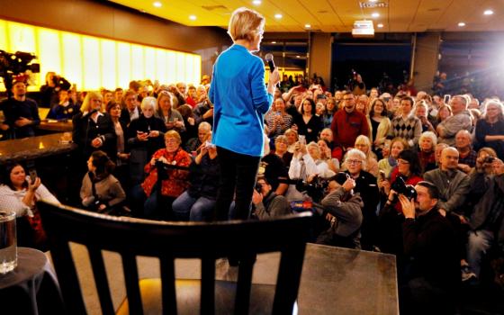 Massachusetts Sen. Elizabeth Warren speaks at an "organizing event" held at a bowling alley in Council Bluffs, Iowa, Jan. 4, after forming an exploratory committee for the 2020 presidential race. (Newscom/Reuters/Brian Snyder)