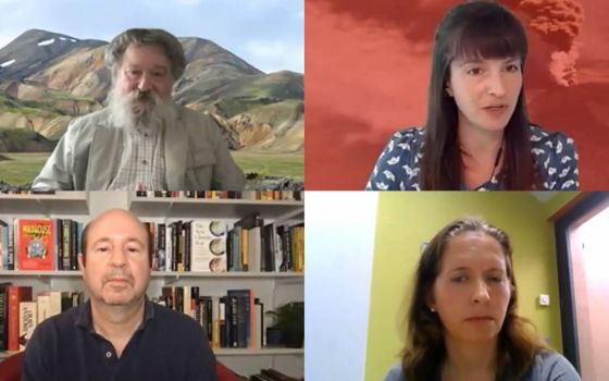 Panelists participate in "Solar Geoengineering: Warnings from Scientists, Indigenous Peoples, Youth, and Climate Activists," a June 9 webinar. From top left: Raymond Pierrehumbert of the University of Oxford; Lili Fuhr, panel moderator and head of the Hei