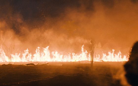 A fire lit by local farmers burns in the Amazon rainforest during the summer of 2019. (Films.NationalGeographic.com/Amazon Land Documentary/Alex Pritz)