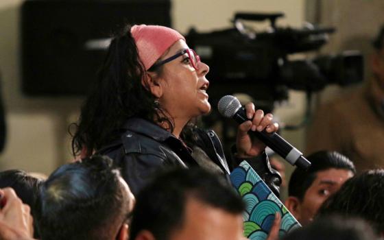 Journalist and activist Frida Guerrera speaks up during President Andrés Manuel López Obrador's morning press conference March 4 at the National Palace in Mexico City. (Newscom/SUN/Carlos Mejía)