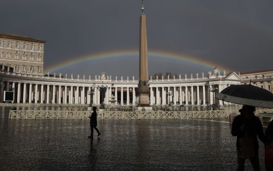 A rainbow shines over St. Peter's Square at the Vatican on Jan. 31, 2021. (AP file photo/Alessandra Tarantino)