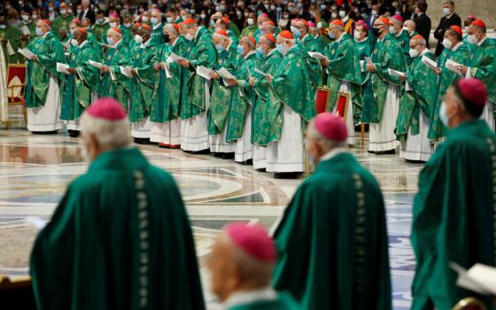 Cardinals and bishops attend Pope Francis' celebration of a Mass in St. Peter's Basilica at the Vatican Oct. 10, 2021, to open the process that will lead up to the assembly of the world Synod of Bishops in 2023. (CNS/Reuters/Remo Casilli)