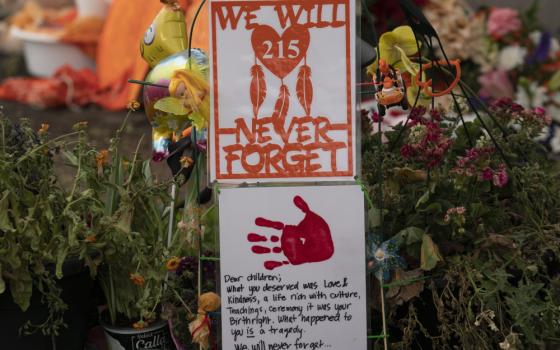 A memorial is seen outside the Residential School on June 13 in Kamloops, British Columbia. (AP/The Canadian Press/Jonathan Hayward)