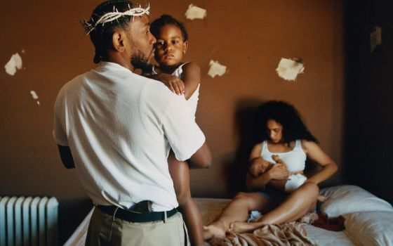Kendrick Lamar and his family on the cover of his album, "Mr. Morale & the Big Steppers." (Photo by Renell Medrano)