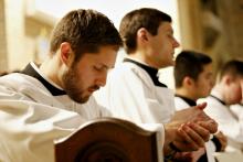Seminarians pray during a Holy Hour for vocations Jan. 20 at St. Patrick Church in Bay Shore, New York. The service was sponsored by the vocations office of the Rockville Centre Diocese. (CNS/Long Island Catholic/Gregory A. Shemitz)