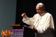 Pope Francis speaks at the second World Meeting of Popular Movements in Santa Cruz, Bolivia, July 9, 2015. "The popular movements are not only social poets but also collective Samaritans," Francis said in a video message Oct. 16 for the 2021 meeting (CNS)
