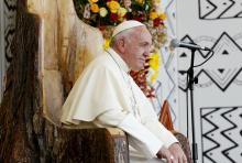 Pope Francis listens during a meeting with people at the Jorge Basadre Institute in Puerto Maldonado, Peru, Jan. 19, 2018. (CNS/Paul Haring) 