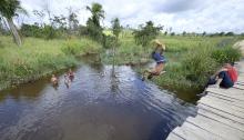 Children jump from a rickety bridge into a river near Anapu, Brazil, where deforestation and land grabbing for large-scale agriculture are endangering the livelihoods — and lives — of small farmers. Faith leaders have called for personal conversion and ec