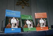 Copies of Pope Francis' apostolic exhortation, "Querida Amazonia" ("Beloved Amazonia"), are pictured at a news conference for the release of the exhortation at the Vatican Feb. 12. (CNS/Paul Haring)