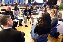 Philadelphia Archbishop Nelson Pérez joins college students, other young adults and ministry leaders during a synodal listening session at La Salle University April 4, 2022. (CNS/CatholicPhilly.com/Sarah Webb)