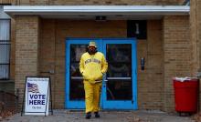 A Michigan voter leaves Louis Pasteur Elementary School on midterm election day in Detroit Nov. 8, 2022.