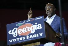 U.S. Sen. Raphael Warnock, D-Ga., candidate for U.S. Senate, speaks during a campaign rally Oct. 28, in College Park, Georgia. (AP photo/John Bazemore)