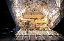 Canada's military aid is unloaded from a C17 Globemaster III plane at the international airport outside Lviv, in this handout picture released Feb. 20, 2022. (CNS photo/Press Service of the Ukrainian Armed Forces General Staff via Reuters)
