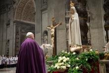 Pope Francis burns incense in front of a Marian statue after consecrating the world and, in particular, Ukraine and Russia to the Immaculate Heart of Mary during a Lenten penance service in St. Peter's Basilica at the Vatican. (CNS/Vatican Media) 