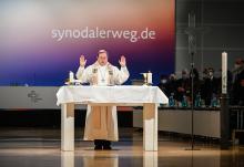 Bishop Georg Bätzing, president of the German bishops' conference, celebrates Mass during the third Synodal Assembly Feb. 4 in Frankfurt. (CNS/KNA/Julia Steinbrecht)