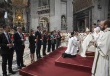 Pope Francis gives his blessing to a group of people after celebrating Mass in St. Peter's Basilica Oct. 11 to mark the 60th anniversary of the opening of the Second Vatican Council. (CNS/Vatican Media)