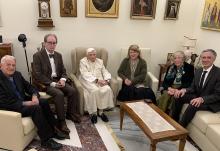 Ratzinger Prize recipients are pictured with retired Pope Benedict XVI Nov. 13, 2021, at the Vatican. From left Jesuit Fr. Federico Lombardi, president of the Joseph Ratzinger-Benedict XVI Foundation; French professor Jean-Luc Marion; Pope Benedict; Australian theologian Tracey Rowland; and German professors Hanna-Barbara Gerl-Falkovitz and Ludger Schwienhorst-Schönberger. (CNS/Courtesy of Joseph Ratzinger-Benedict XVI Foundation)