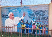 A mural of Pope Francis is painted on the walls of the South Sudan Council of Churches in Juba, ahead of an ecumenical Feb. 3-5 peace pilgrimage. (Elizabeth Boyle)