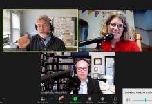 "The Francis Effect" podcast co-hosts David Dault, Heidi Schlumpf and Franciscan Fr. Daniel Horan record the latest episode. (NCR screenshot)