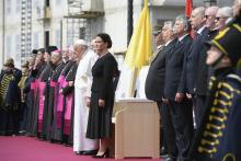 Pope Francis attends a welcoming ceremony with Hungarian President Katalin Novák at Sándor Palace in Budapest, Hungary, April 28, 2023. (CNS photo/Vatican Media)