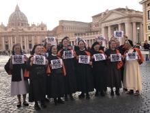 A group of Benedictine nuns from Fahr Monastery near Basel, Switzerland, call for "Votes for Catholic Women" at the Vatican during the October 2019 Synod of Bishops for the Amazon. (Deborah-Rose Milavec)