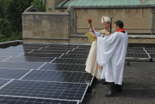 Former Pittsburgh Bishop Dorsey W.M. McConnell and Rev. Noah H. Evans bless the solar panels installed at St. Paul’s Episcopal Church in Mt. Lebanon, Pa. Courtesy St. Paul’s Episcopal.