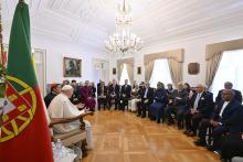 Pope Francis meets with a group representing different faiths and Christian denominations that works on ecumenical and interreligious initiatives in Portugal at the apostolic nunciature in Lisbon Aug. 4. (CNS/Vatican Media)