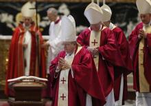 Pope Francis is pictured as U.S. Cardinal Raymond Burke, U.S. Cardinal J. Francis Stafford, German Cardinal Walter Kasper and Canadian Cardinal Marc Ouellet leave the funeral Mass of U.S. Cardinal William J. Levada in St. Peter's Basilica at the Vatican Sept. 27, 2019. (CNS/Paul Haring)