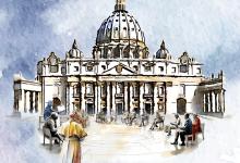 Illustration of St. Peter's with pope and other people in foreground