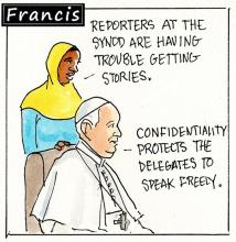 Francis, the comic strip: Reporters hope Brother Leo will give them an inside scoop on the synod. 