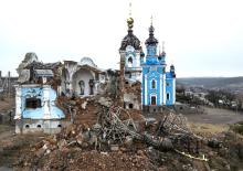 A church destroyed by a Russian attack on the village of Bohorodychne in Ukraine's Donetsk region is pictured on Feb. 13.