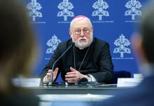 Archbishop Paul Gallagher, Vatican foreign minister, speaks during a news conference at the Vatican, on Jan. 18, 2024. (CNS/Lola Gomez)