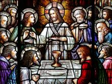 Jesus and his apostles at the Last Supper, depicted in a stained glass window at St. Aloysius Church in Great Neck, New York, in this undated file photo. Today's Gospel comes from Jesus' last discourse, John's record of Jesus' long dinner conversation on the night of his betrayal. (OSV News/Gregory A. Shemitz)