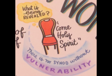 An illustration of an empty chair and the words "Come Holy Spirit" are featured on a graphic recording wall where concepts were captured in art the Sept. 22-23 Catholic Partnership Summit in Washington. (Courtesy of Leadership Roundtable) 