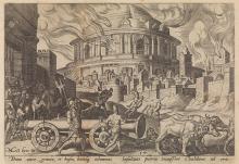 "The Chaldeans Carrying Away the Pillars of the Temple of Jerusalem," from "The Disasters of the Jewish People," plate 17, a 1569 engraving by Philips Galle, after Maarten van Heemskerck (Metropolitan Museum of Art)