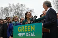 New York Rep. Alexandria Ocasio-Cortez and Massachusetts Sen. Ed Markey lead a press conference to unveil the Green New Deal in Washington, D.C., Feb. 7. (Flickr/Senate Democrats)