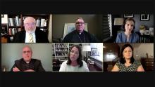 Top row, from left: John Carr, Cardinal Joseph Tobin and Mollie O'Reilly. Bottom row, from left: Bishop Kevin Rhoades, moderator Kim Daniels and Gretchen Crowe. (NCR screenshot)