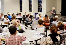 Fr. Bill Moore speaks during the Caring through Cancer talk at Holy Name of Mary in San Dimas, California, Aug. 20. The event brought caregivers, cancer survivors and newly diagnosed patients together to talk about their experiences. (Heather Adams)