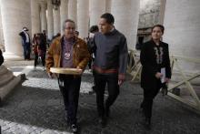 From left, Gerald Antoine, First Nations NWT regional chief, Natan Obed, president of Inuit Tapiriit Kanatami delegation, and Cassidy Caron, president of the Metis community, walk in St. Peter's Square, at the Vatican, after their meeting with the pope.