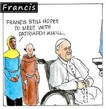 Francis, the comic strip: Francis still hopes to meet with Patriarch Kirill — maybe the most crucial meeting of his papacy!