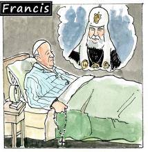 Francis, the comic strip: Francis has the Patriarch Kirill dream again.