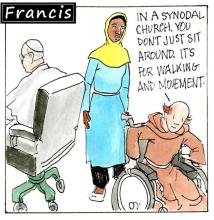 Francis, the comic strip: In a synodal church, you don't just sit around. It's for walking and movement.