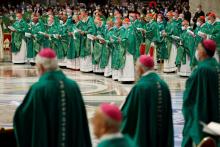 Cardinals and bishops attend Pope Francis' celebration of a Mass in St. Peter's Basilica at the Vatican Oct. 10, 2021, to open the process that will lead up to the assembly of the world Synod of Bishops in 2023. (CNS/Reuters/Remo Casilli)