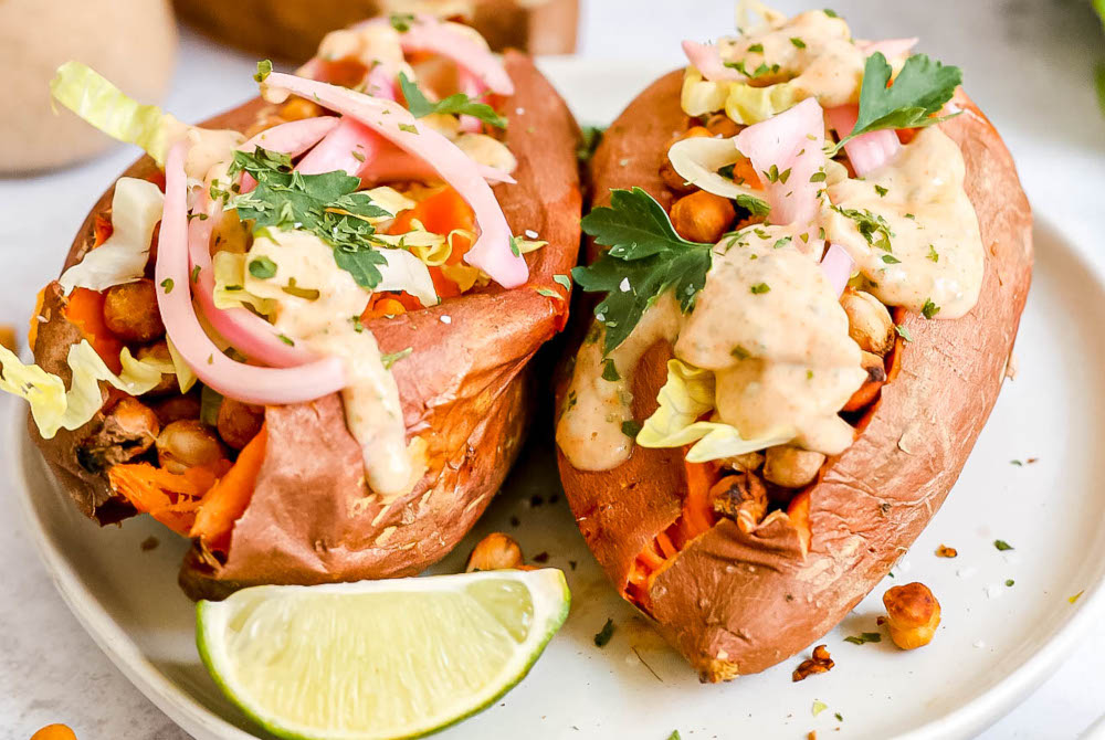 These stuffed sweet potatoes are fun to make and easy to customize for different preferences. (At Elizabeth's Table/Elizabeth Varga)