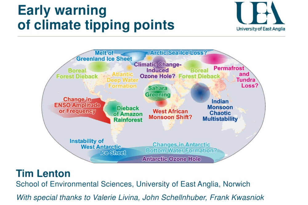 Map of potential policy-relevant tipping elements in the climate system in Tim Lenton et. al. 2008 original paper. These have since been updated to include coral reefs and the East Antarctic Ice Sheet. (Montabay/Tim Lenton et. al.) Map of potential policy-relevant tipping elements in the climate system in Tim Lenton et. al. 2008 original paper. These have since been updated to include coral reefs and the East Antarctic Ice Sheet. (Montabay/Tim Lenton et. al.)