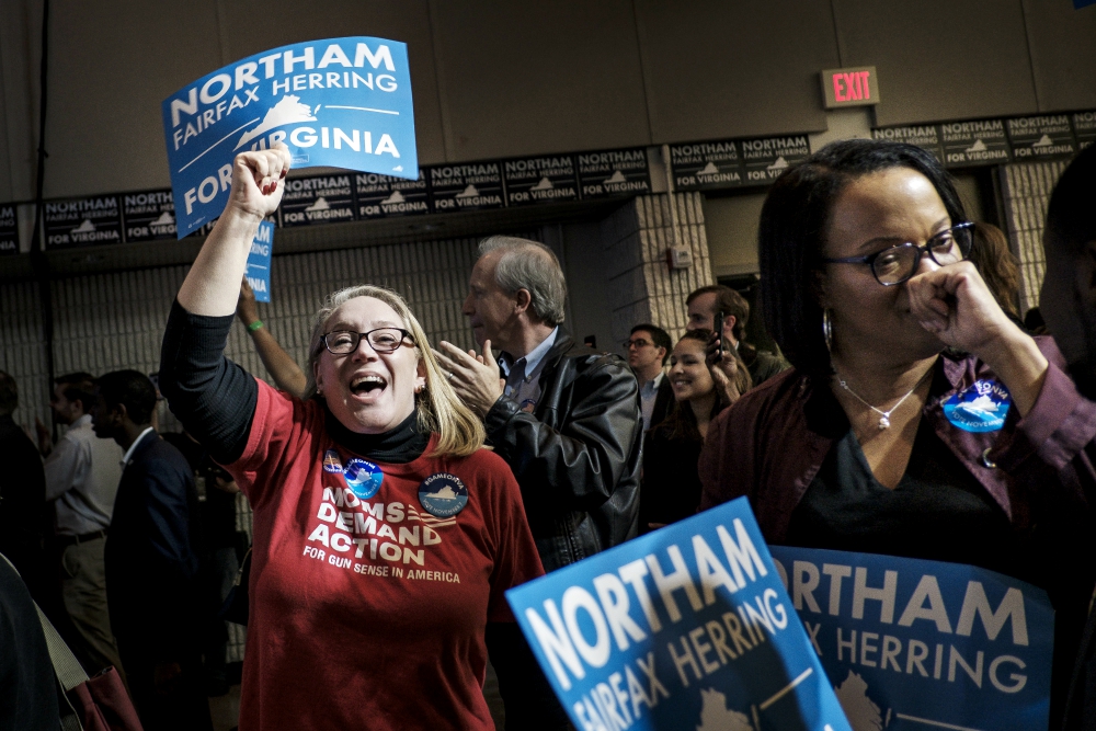 Constituents at the official Democratic watch party at George Mason University in Fairfax, Virginia, react to the news that Ralph Northam won the governor's race against Republican Ed Gillespie Nov. 7. (Newscom/UPI/Pete Marovich) Constituents at the official Democratic watch party at George Mason University in Fairfax, Virginia, react to the news that Ralph Northam won the governor's race against Republican Ed Gillespie Nov. 7. (Newscom/UPI/Pete Marovich)