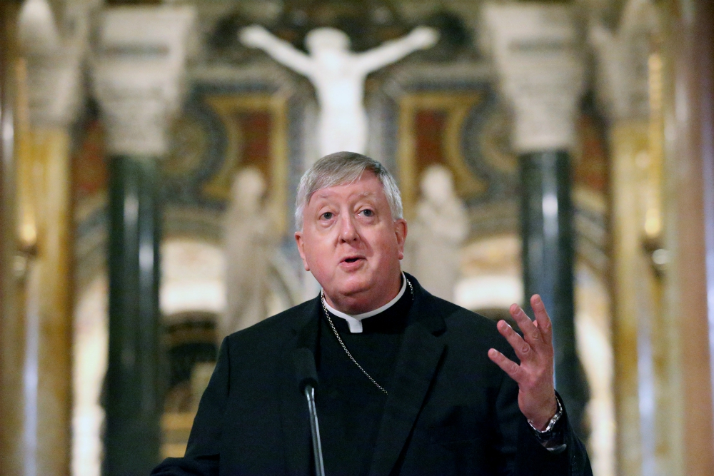 Bishop Mitchell Rozanski of Springfield, Massachusetts, makes his remarks at the Cathedral Basilica of St. Louis as he is introduced as the next archbishop of St. Louis on June 10. (Newscom/UPI/Bill Greenblatt)