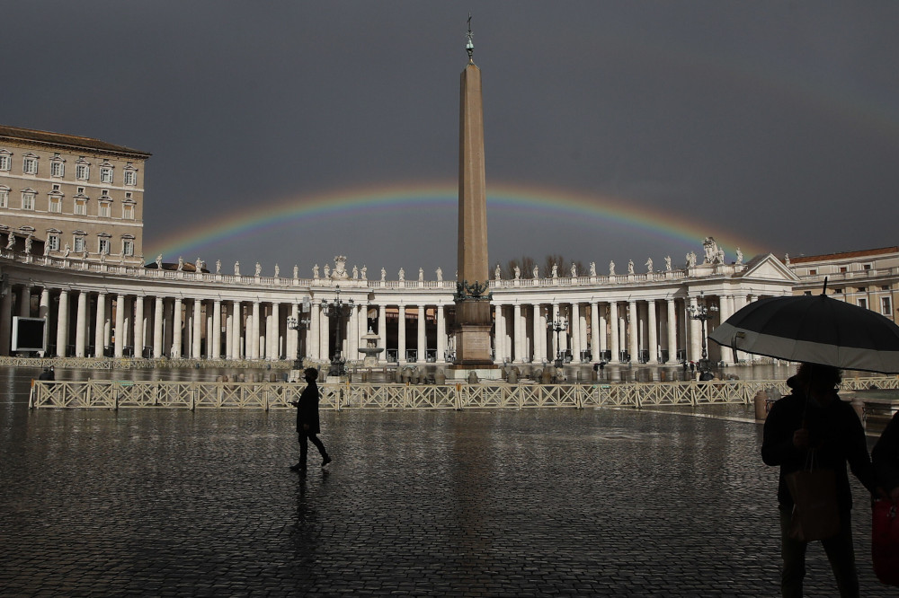 A rainbow shines over St. Peter's Square at the Vatican on Jan. 31, 2021. (AP file photo/Alessandra Tarantino)